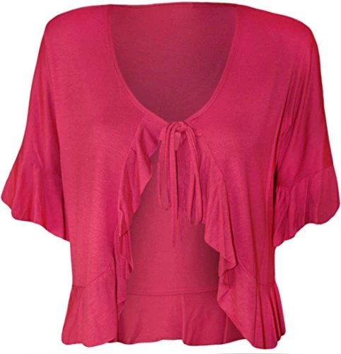 Ladies Frill Tie Open Front Stretch Bolero Shrug Cardigan Womens Party Wear Top Cerise UK 22-24