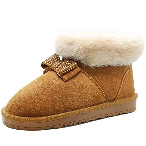 Ladies Fur Lined Real Leather Snow Ankle Boots Womens Bow Snug Winter Shoes Size 5