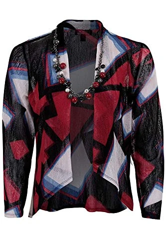 Ladies Geometric Elegant Smart Mesh Semi Sheer Waterfall Cardigan & Necklace [Geometric Print, UK 18]