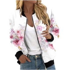 Ladies Jackets Size 8-16 Long Sleeve Hoodless Casual Coats Cute Floral Print Bomber Jacket Loose Full Zip Windbreaker Fashion Outwear with Pockets Womens Lightweight Tops