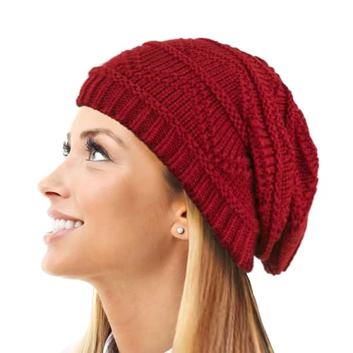 Ladies Knit Slouch Winter Hat/Beanie - RED