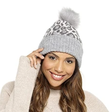 Ladies Knitted Animal Print Bobble HAT with Matching POM Grey