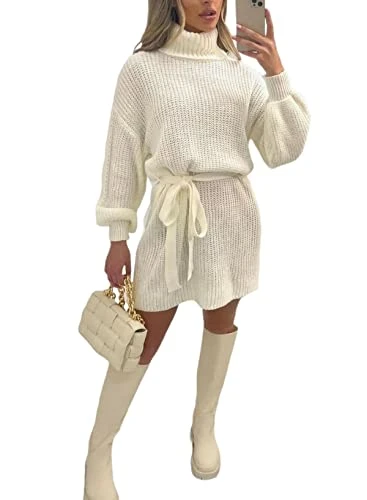 Ladies Knitted Balloon Sleeve Polo Neck Belt Jumper Dress Women's Ribbed Roll Neck Sweater (Cream # One Size