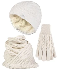 Ladies Knitted Hat Scarf & Gloves Set Womens Fleece Lined Thermal Cold Weather Set for Winter (L-XL, Cream) Ladies Knitted Hat Scarf & Gloves Set Womens Fleece Lined Thermal Cold Weather Set for Winter (L-XL, Cream)