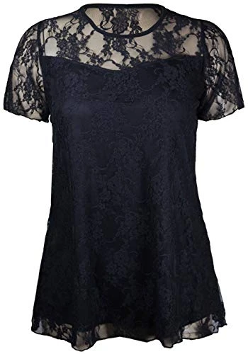 Ladies Lace Lined Top Plus Size Stretch Short Sleeve Top Size 14-28 Black/Purple