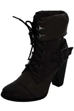 Ladies Lace Up Front Slip On Women's PU Faux Leather Chunky Heel Boots [Black, UK 6]
