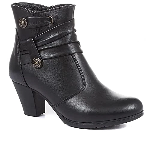 Ladies Leather Ankle Boots in Black with Comfortable Block Heel and Subtle Ruched Elegance - Durable