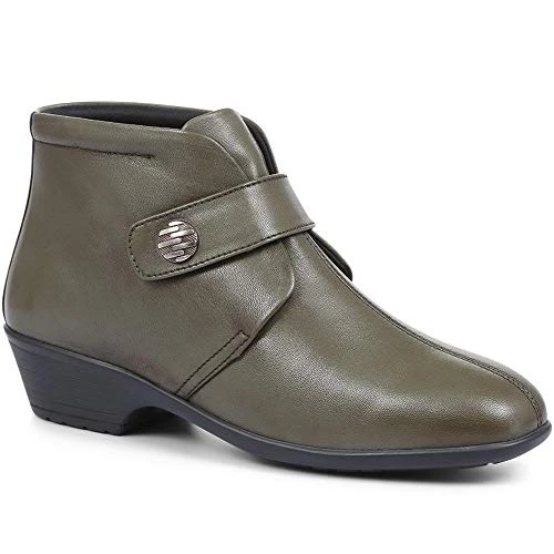 Ladies Leather Ankle Boots in Olive - Touch-Fasten Strap with Mock Button Detail - Wide Fit - Soft-C