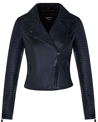Ladies Leather Biker Jacket Quilted Matt Black Real Lamb Nappa Fashion Jacket S