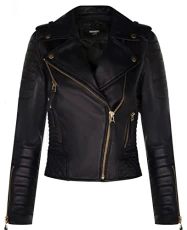 Ladies Leather Biker Jacket Quilted Matte Black Gold Zip Real Nappa Goth Fashion Moto Jacket XL