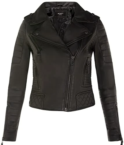 Ladies Leather Biker Jacket Quilted Matte Black Real Lamb Nappa Fashion Jacket 2XL