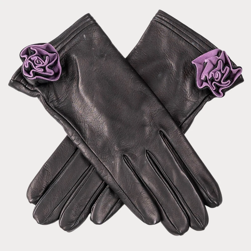 Ladies Leather Flower Gloves ilk Lined