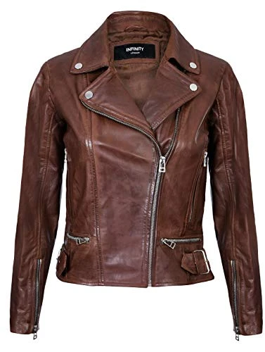 Ladies Leather Jacket Classic Biker Style Brown Real Leather Womens Jacket XS