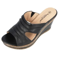 Ladies Leather Lined Peep Toe Mid Wedge Mule Sandals (Black, Numeric_5)