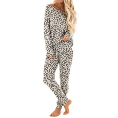 Ladies Leopard Print Cotton Pyjama Set 2Pcs Long Sleeve Round Neck Shirt + Long Pants PJ Nightwear Loungewear Gray
