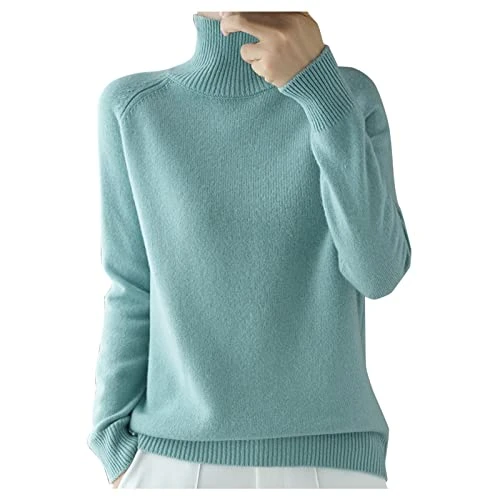 Ladies Lightweight Knit Jumper Turtleneck Sweater Women's Autumn and Winter New Thickened Korean Women's Solid Color Pullover Loose Knitted Long Sleeved Bottoming Shirt Men (Mint Green, M)