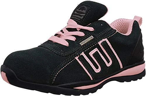 LADIES LIGHTWEIGHT LEATHER UPPERS, STEEL TOE CAP LACE UP SAFETY TRAINER size 7 UK Black/Pink