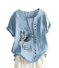 Ladies Linen T-Shirts Butterfly Dandelion Printed Casual Loose Short Sleeve Tops Round Collar Tee