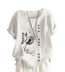 Ladies Linen T-Shirts Butterfly Dandelion Printed Casual Loose Short Sleeve Tops Round Collar Tee