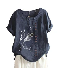 Ladies Linen T-Shirts Butterfly Dandelion Printed Casual Loose Short Sleeve Tops Round Collar Tee