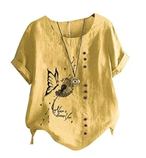 Ladies Linen T-Shirts Butterfly Dandelion Printed Casual Loose Short Sleeve Tops Round Collar Tee