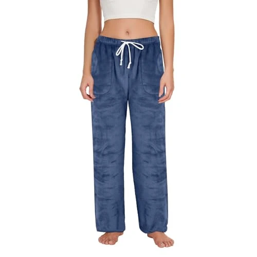Ladies Long Fluffy Plush Thermal Flannel Pyjama Bottoms Winter Warm Cosy Pants Ladies Plaid Pyjama Bottoms Fleece Pyjama Bottoms with Pockets Latex Pants Women Black Shiny, navy, L