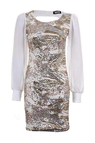 Ladies Long Sleeve Chiffon Silver Black Gold Women's Bodycon Sexy Party Dress [Long Sleeve Cream/Gold 12]