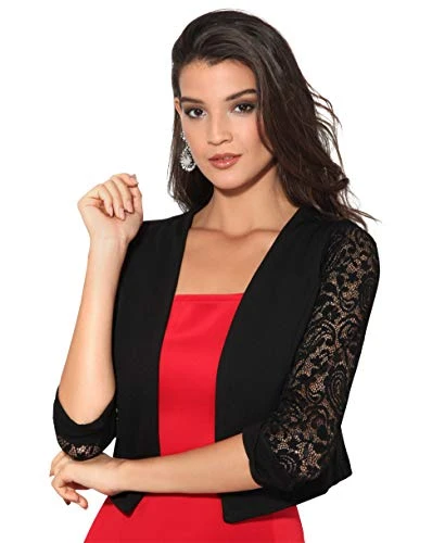 Ladies Long Sleeve Evening Bolero Lace Blazer (Black, S) 5159-BLK-S