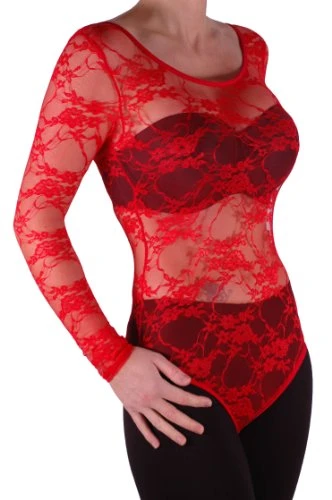 - Ladies Long Sleeve Floral Lace Bodysuit Stretch Womens Leotard Scoop Neck Body Top Red M/L