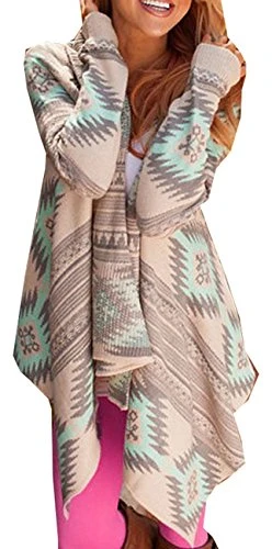 Ladies Long Sleeve Geometric Print Irregular Cardigan Womens Top Sweater Coat (Green UK 6)