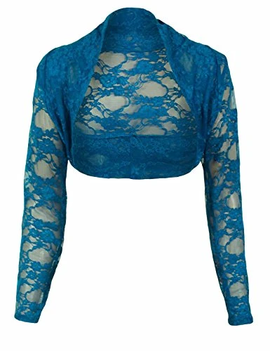 Ladies Long Sleeve Lace Shrug Short Crop Cardigan Womens Stretch Top Teal Size 10-12