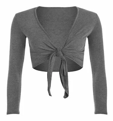 Ladies Long Sleeve Tie Up Front Cropped Shrug Bolero Cardigan Top UK 8-26 Charcoal