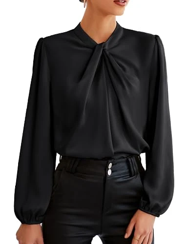 Ladies Long Sleeve Tops Women Knotted Neck Elegant Work Office Business Blouse Loose Fit Shirt Black