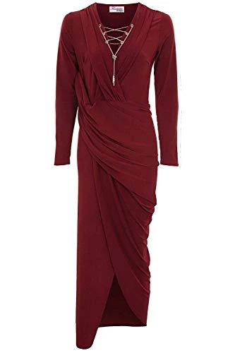Ladies Long Sleeve V Neck Plunge Chain Lace Up Wrap Side Split Slit Maxi Dress [Wine, UK 14]