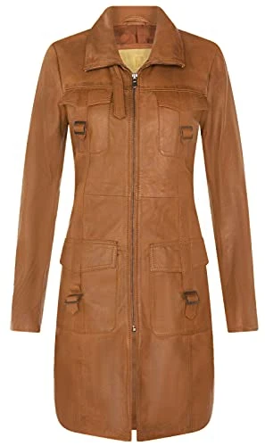 Ladies Long Tan Vintage 100% Leather Trench Parka Coat Jacket M