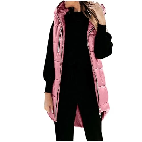 Ladies Longline Quilted Hooded Down Gilets With Pockets Zip up Winter Cotton Padded Warm Long Women 