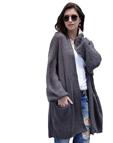 Ladies Loose Long Sleeve Sweater Cardigan Open Front Warm Knitted Outerwear Mid-Long (Gray, Asia XL)