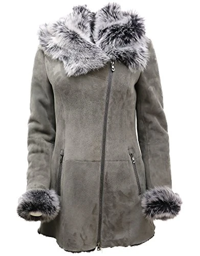 Ladies Luxurious Grey Suede Merino Sheepskin Coat with Toscana Collar M