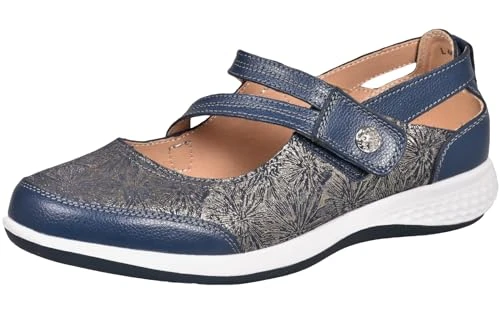 Ladies Mary Jane Sandals Flat Pumps EEE Wide Fit Comfort Bar Shoes UK Size 3-9 (Navy, UK 6 / EU 39 -