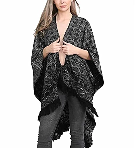 Ladies New Lurex Aztec Print Tassle Bottom Reversable Knitted Shawl Ponchos Women Sleeveless Knittin