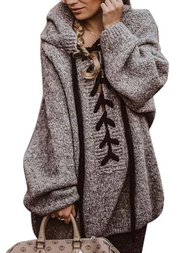 Ladies Open Front Long Sleeve Knit Cardigan Sweater Loose Knit Sweater Gray