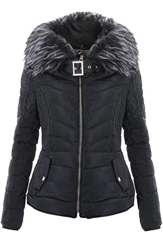 Ladies Padded Hooded Faux Fur Puffer Belt Zip Up Rainproof Quilted Jacket Coat [Black, UK 10]