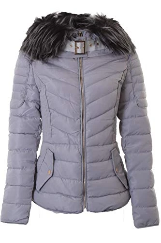 Ladies Padded Hooded Faux Fur Puffer Belt Zip Up Rainproof Quilted Jacket Coat [Grey, UK 14]