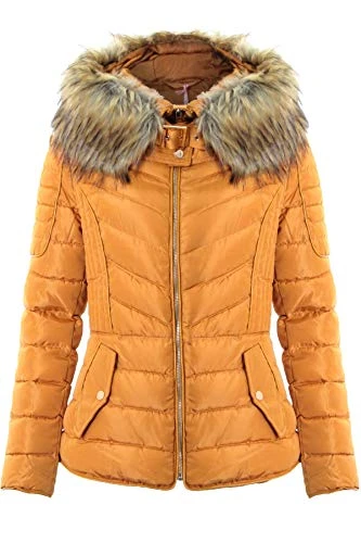 Ladies Padded Hooded Faux Fur Puffer Belt Zip Up Rainproof Quilted Jacket Coat [Mustard, UK 14]
