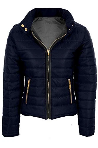 Ladies Padded Quilted Elastic Sides Zipper Popper Collar Puffer Lined Warm Coat [Navy, M]
