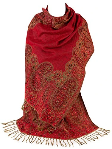 Ladies Paisley Bordered Pashmina Feel Shawl Scarf Wrap Stole Luxuriously Warm Soft Vibrant (Red)