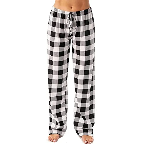 Ladies Pajama Pants Casual Plaid Printed Elastic Rope Pants Workout Women Plaid Lounge Pants Comfy Pajama Bottoms Checked Sleep Pajama Bottoms Soft Cotton Pants with Pocket(A Black,XXL)