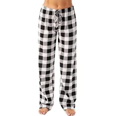Ladies Pajama Pants Casual Plaid Printed Elastic Rope Pants Workout Women Plaid Lounge Pants Comfy Pajama Bottoms Checked Sleep Pajama Bottoms Soft Cotton Pants with Pocket(A Black,XXL)
