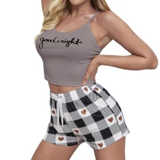 Ladies Pajama Pants Set Fashion Plaid Love Print Home Pajama Set Bathrobe Ladies Short Sexy, gray, XXL