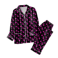 Ladies Pajama Set Matching Set Holiday Pajamas Classic Buttoned Long Satin Pajama Set for Women with Pockets Label Set Pyjamas Ladies Satin Pyjamas Ladies Cosy Pyjamas Silk Women, Hot Pink, XL